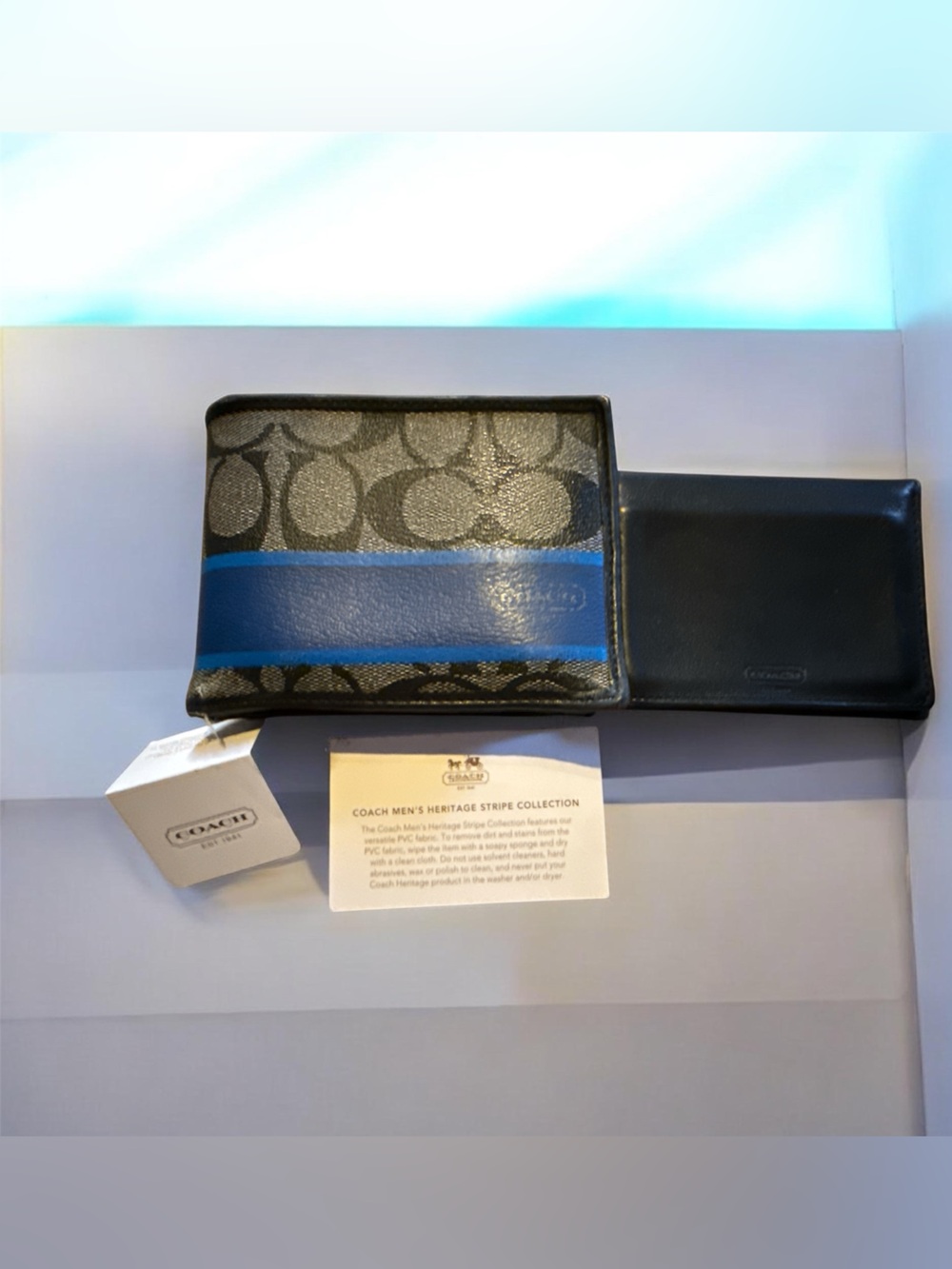 Coach Men's ID Billfold Wallet - Signature Canvas with Blue Varsity Stripe